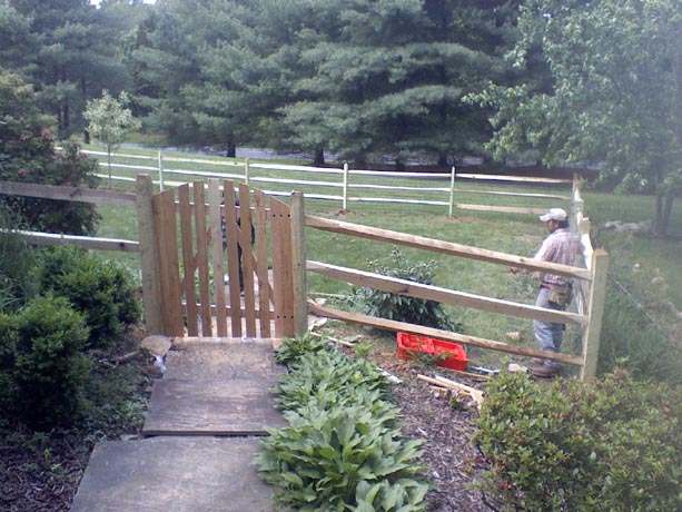 Split rail fence with wire mesh and arched gate