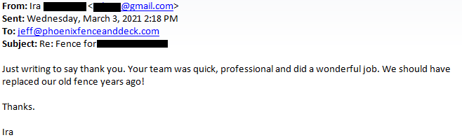 Feedback email received from the customer