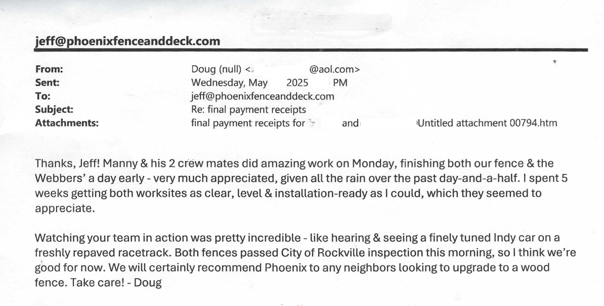 Feedback email received from the customer for Phoenix Fence and Deck, Brookeville, Maryland 20833